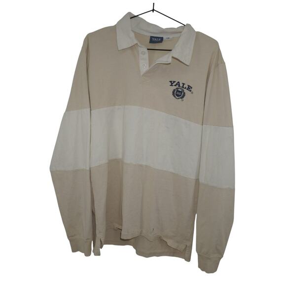 Yale University Beige White Rugby Shirt Long Sleeve Collegiate Polo Size L - Picture 1 of 5